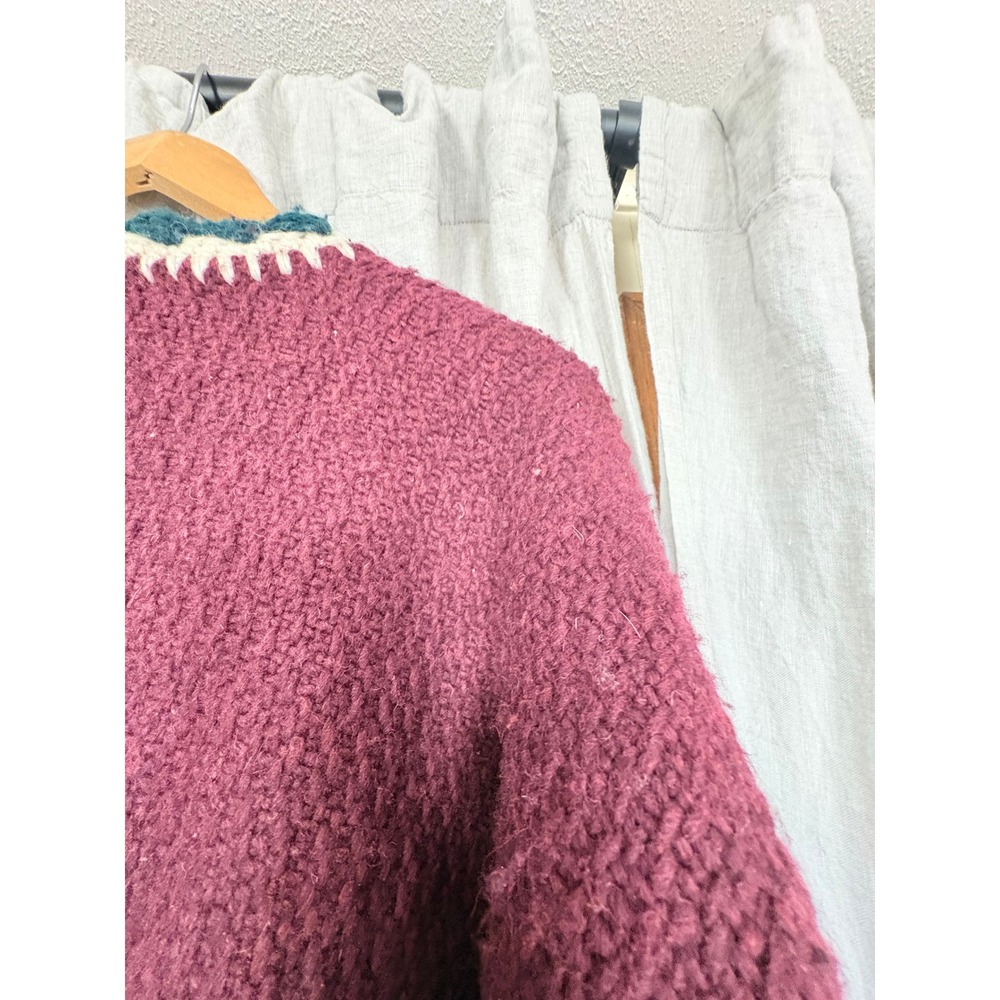Vintage Burgundy Chunky Knit Cardigan Crochet Trim Wood Button Sweater XL - Picture 5 of 11